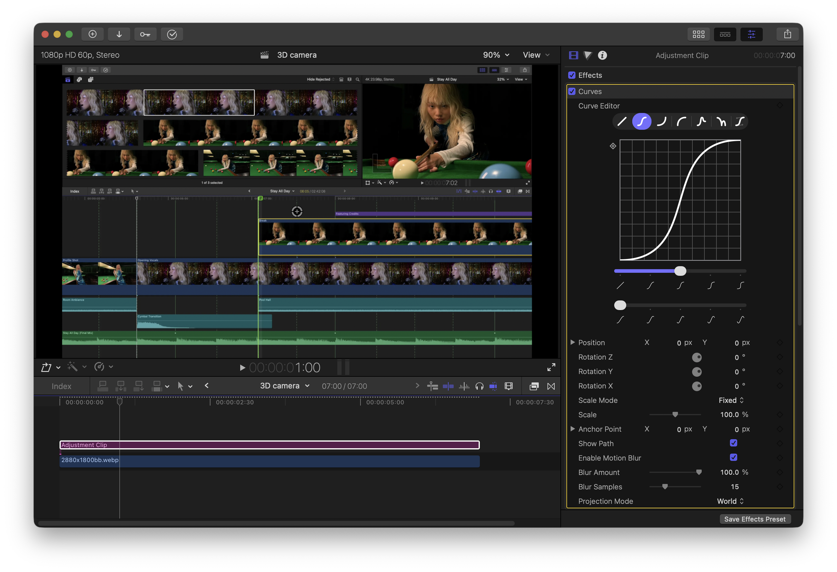 Curves applied to an adjustment clip over the timeline.